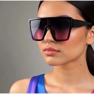 Oversized Fashion Sunglasses Pink‎ Blue Ombre Lens Square Frame Shield Sunnies